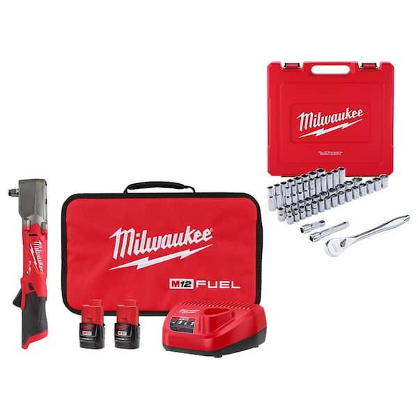 Milwaukee M12 FUEL 12V Lithium-Ion Cordless 1/2 in. Right Angle Impact Wrench Kit w/1/2 in. Drive SAE/Metric Mechanic Set (47-PC)