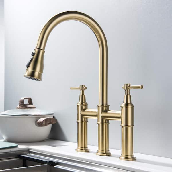 Tomfaucet High Arch Double Handle Bridge Kitchen Faucet with Pull Down Sprayer in Brushed Gold