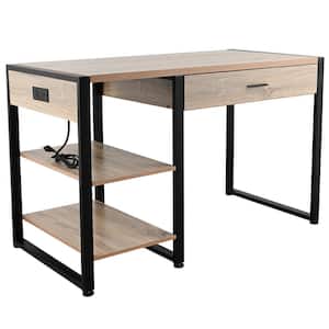 47 in. Maple 1-Drawer Computer Desk with Removable Shelves and Integrated Charging Station