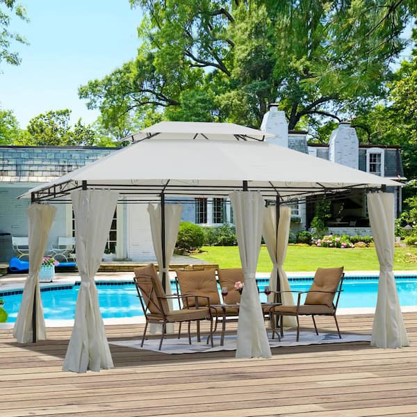 13 ft. x 10 ft. Patio Umbrella Gazebo Beige Steel Canopy with Ventilated Double Roof and Full Detachable Side Curtains