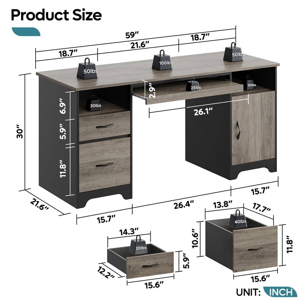 Gray Executive Desk with Storage Cabinet and Keyboard Tray