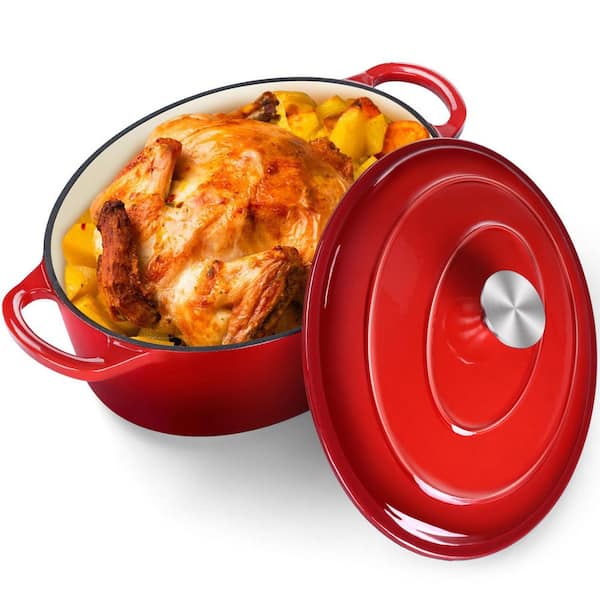 7 wt. Oval Red Enameled Cast Iron Dutch Oven with Lid and Oven Safe Dual Handles