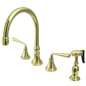 Silver Sage 2-Handle Deck Mount Widespread Kitchen Faucets with Brass Sprayer in Polished Brass