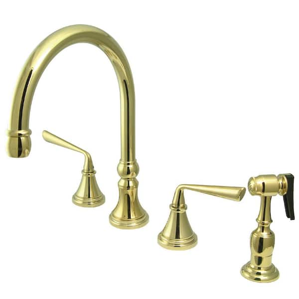 Kingston Brass Silver Sage 2-Handle Deck Mount Widespread Kitchen Faucets with Brass Sprayer in Polished Brass