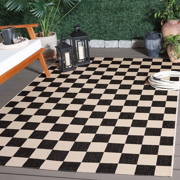 Courtyard Black/Beige 3 ft. x 3 ft. Checkered Indoor/Outdoor Square Area Rug