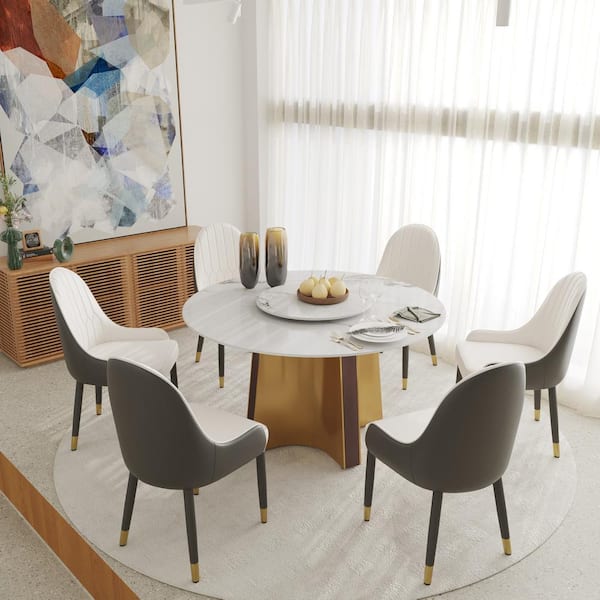 J&E Home Pandora White Marble 59 in. Pedestal Dining Table Seats 8 with Lazy Susan