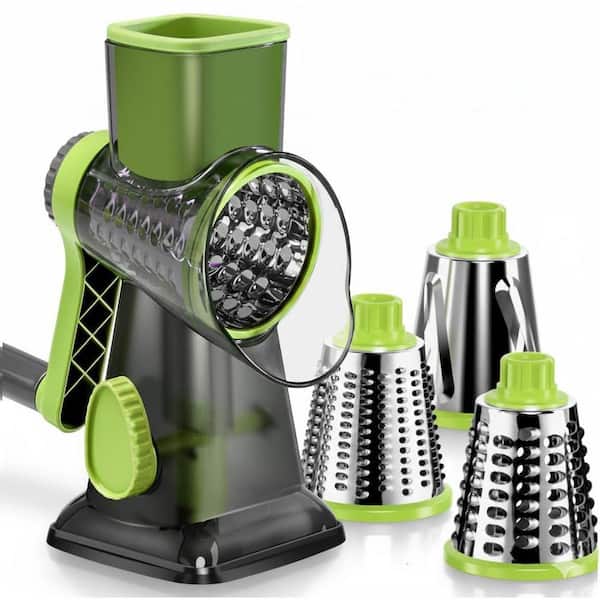 Green Rotary Cheese Grater Hand Crank with 3 Stainless Steel Blades Stable Suction Safe Kitchen Tool