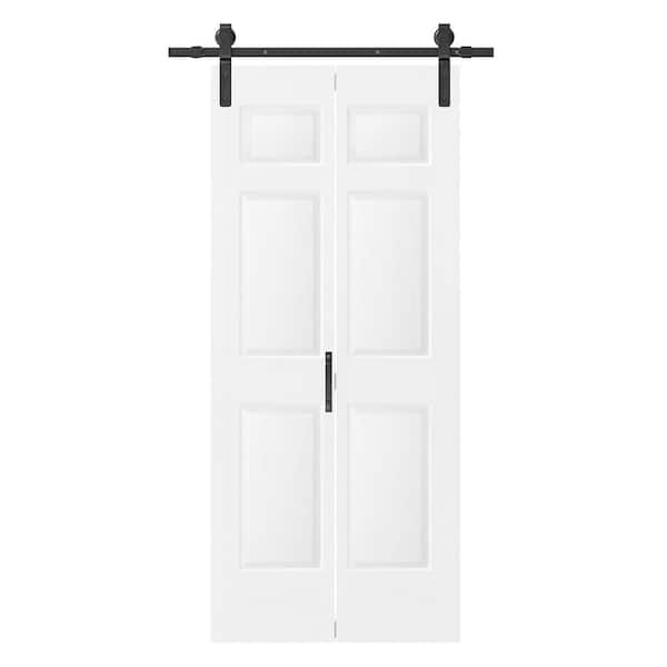 TENONER 36 in. x 84 in. Bi-Fold 6-Panel White MDF Pre-Drilled Sliding Barn Door with Hardware Kit Set