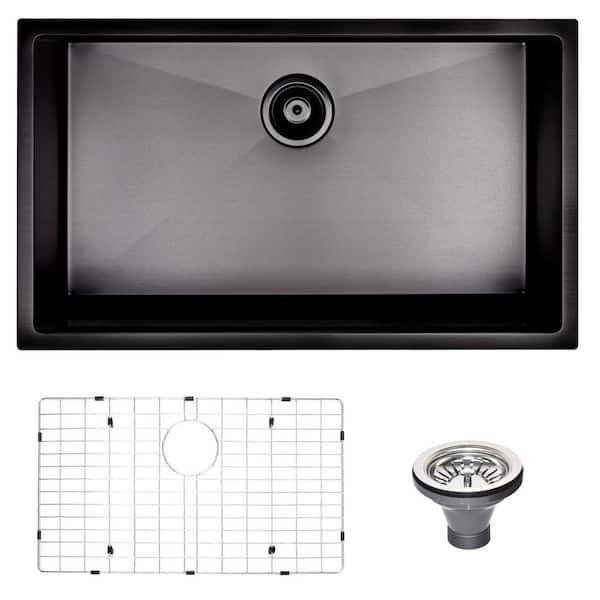 CASAINC Black Stainless Steel 32 in. Single Bowl Undermount Workstation Kitchen Sink With Sink Grid