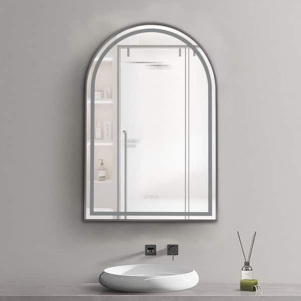 Interbath 26 in. W x 39 in. H Arched Framed LED Anti-Fog Dimmable Wall Mount Bathroom Vanity Mirror in Gun Ash