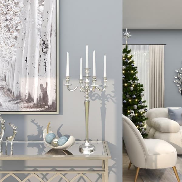 Litton Lane 24 in. Silver Aluminum Tall Candelabra with 5 Candle Capacity
