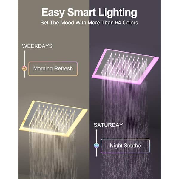 RGB LED 5-Spray Ceiling Mount 12 in. Fixed and Handheld Shower Head 2.5 GPM in Brushed Nickel Thermostatic Valve