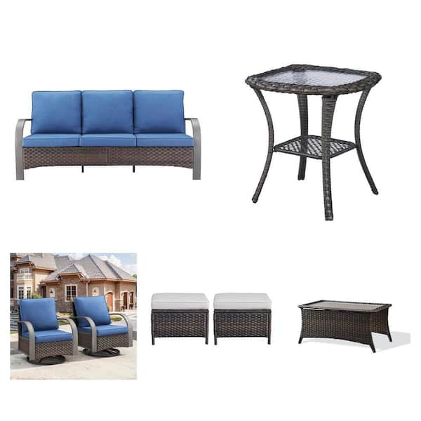 Iron Bend 3-Seat Brown Wicker Sofa, Side Table, 2-Pack Glider Rocking Chair, 2-Pack Ottoman and Coffee Table Combo