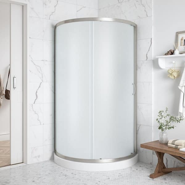 Breeze 40 in. L x 40 in. W x 77 in. H Corner Shower Kit with Frosted Sliding Door in Satin Nickel & Shower Pan(No Walls)