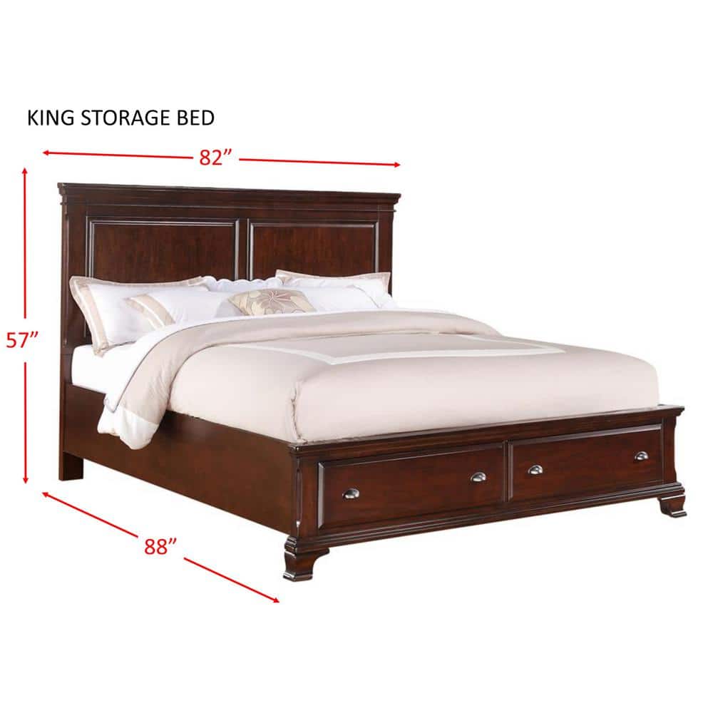 Traditional King-Sized Pine Wood Storage Bed with Upholstered Headboard in Brown