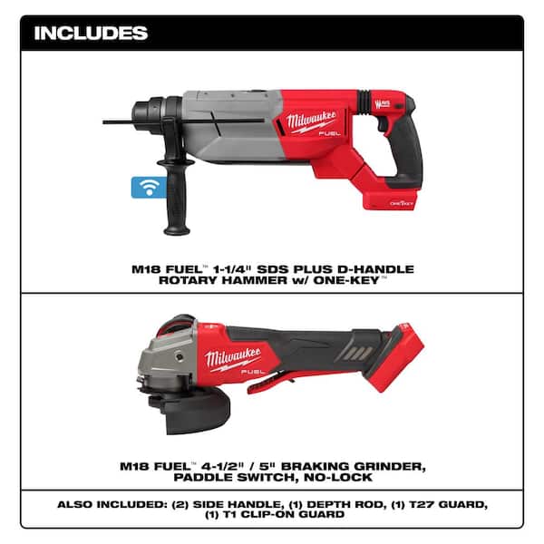M18 FUEL ONE-KEY 18V Lithium-Ion Cordless 1-1/4 in. SDS-Plus Rotary Hammer (Tool-Only) with 4-1/2 in./5 in. Grinder