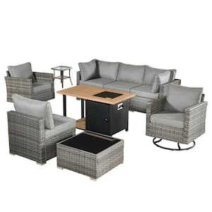 Artemis Gray 9-Piece Wicker Patio Rectangular Fire Pit Set with Dark Gray Cushions and Swivel Rocking Chairs
