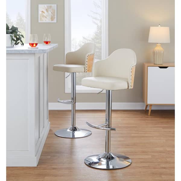 Lumisource Ahoy 33 in. Cream Faux Leather, Natural Wood Backrest, and Chrome Metal Adjustable Bar Stool (Set of 2)