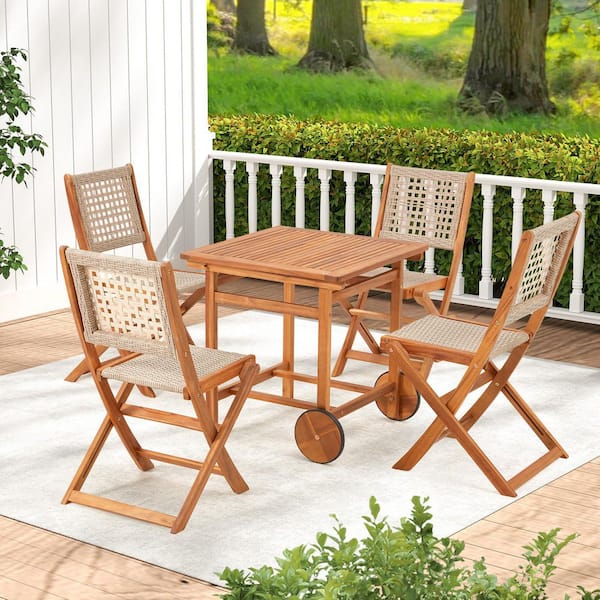 3-Piece Outdoor Patio Dining Set, Acacia Wood Outdoor Table and Chairs with Wheels
