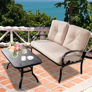 2-Piece Metal Patio Conversation Set , Outdoor Coffee Table Set with Beige Cushion