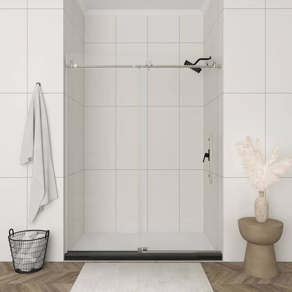 Boosicavelly 60 in. W x 76 in. H Single Sliding Frameless Shower Door in Brushed Nickel Finish with Tempered Glass