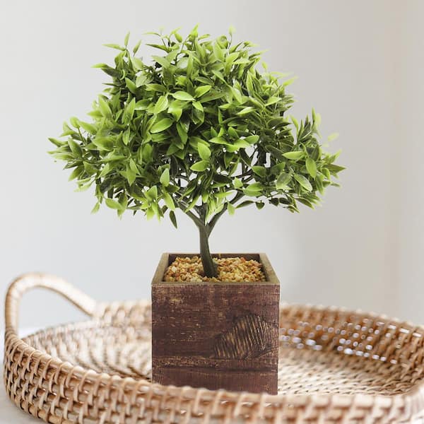 LIVING LUXURY 11in Artificial Desktop Leaf Bonsai Tree in Square Wood Pot