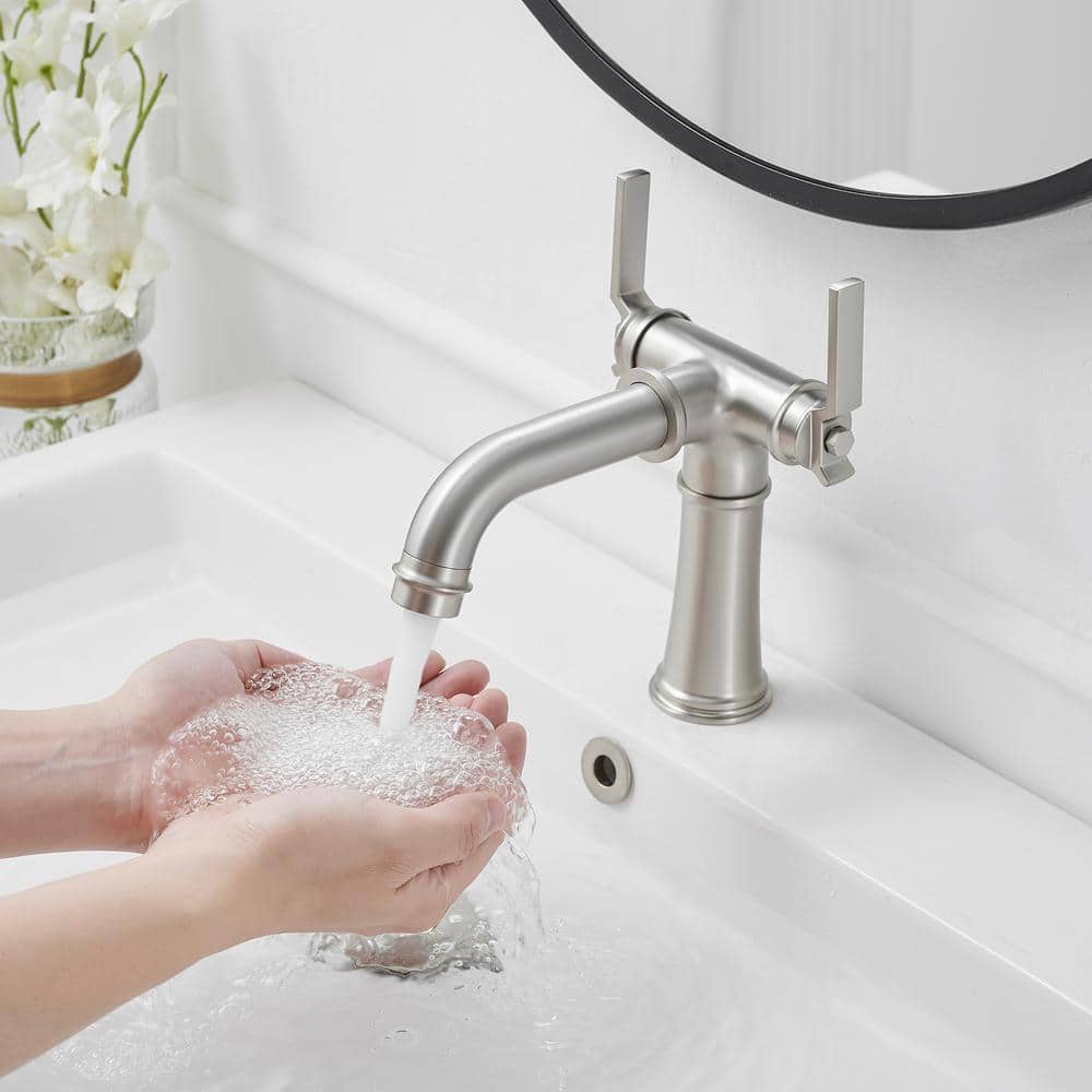 Brushed Nickel Double Handle Industrial Bathroom Faucet