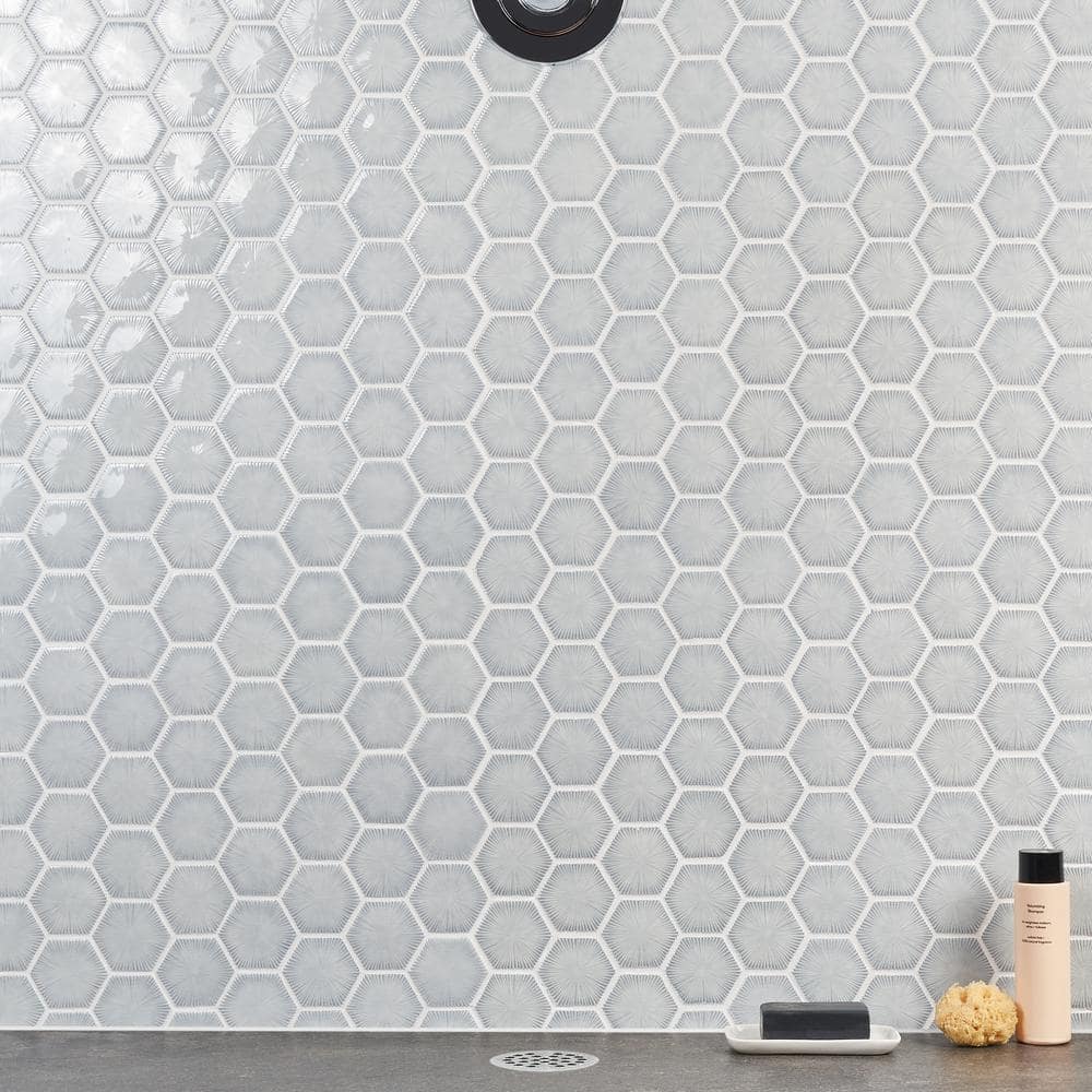Sky Blue Glossy Glass Hexagon Mosaic Wall Tile Sheet