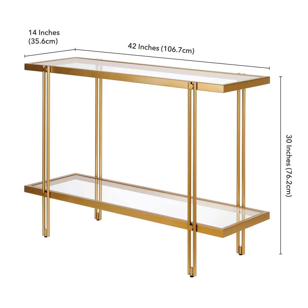Modern Brass Finish Metal Console Table with Glass Shelf
