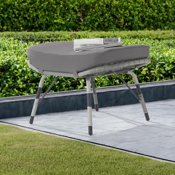 BFB Gray Wicker Outdoor Ottoman with Gray Cushion 1 Pack