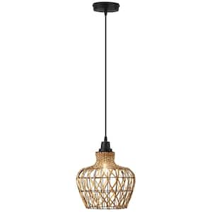 Rudy 1-Light Tan Hanging Pendant Light with Basket-Weave Rattan Shade