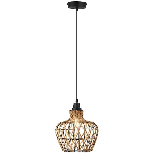River of Goods Rudy 1-Light Tan Hanging Pendant Light with Basket-Weave Rattan Shade
