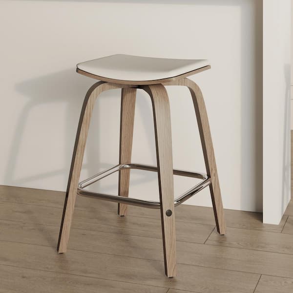 25 in. Counter Height Stool in Leather with Poplar Wood Legs 360 sq. Swivel Seat in Washed Walnut/Light Grey