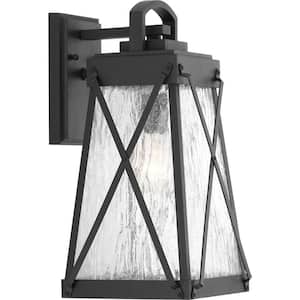 Creighton Collection 1-Light Textured Black Clear Water Glass Farmhouse Outdoor Medium Wall Lantern Light