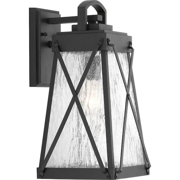 Progress Lighting Creighton Collection 1-Light Textured Black Clear Water Glass Farmhouse Outdoor Medium Wall Lantern Light