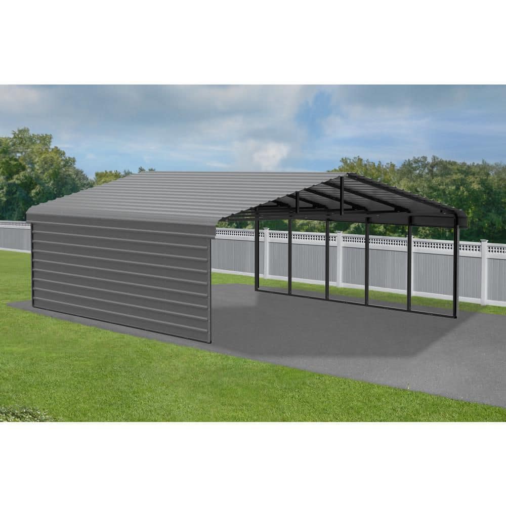 Charcoal Steel Carport Kit with 1-Sided Enclosure, 20' x 24'