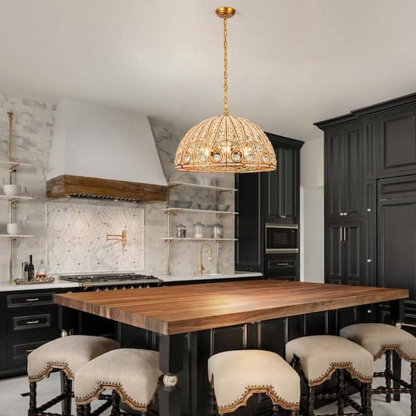 23.62 in. 6-Light Vintage Gold Large Dome Pendant Luxury Crystal Chandelier