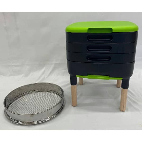 6 Gal. Stationary 3 Tray Worm Compost Farm with Wooden Leg Extensions and 141 oz. 16 in. Round Steel Compost Sifter