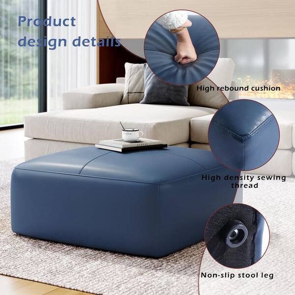 Uixe 35 in. Wide Mid-Century Navy Blue Genuine Leather Square