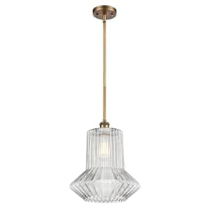 Springwater 1-Light Brushed Brass Tubed Pendant Light with Clear Spiral Fluted Glass Shade