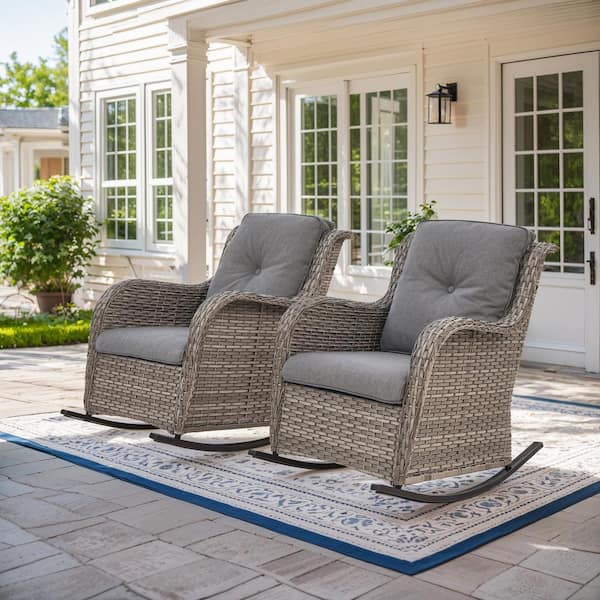 Gray Wicker Outdoor Rocking Chair with Gray Cushions and Curved Arm Design (2-Pack)