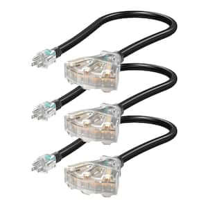 2 ft. 12/3C SJTW Indoor/Outdoor Extension Cord with Tri-Tap Splitter and LED Lighted Plug, Black (3-Pack)