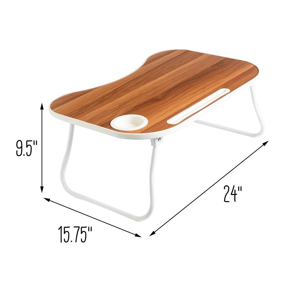White and Faux Walnut Collapsible Folding Lap Desk with Cup Holder