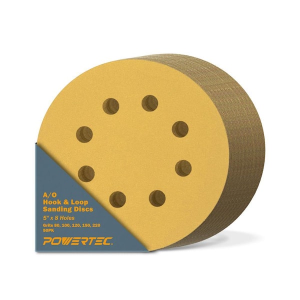 POWERTEC 5 in. 80-Grit, 100-Grit, 120-Grit, 150-Grit, 220-Grit 8-Hole A/O Hook and Loop Sanding Disc Assortment in Gold (50-Pack)