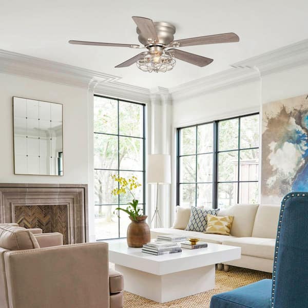 Thurber 48 in. Indoor Metal Cage Nickel Flush Mount Ceiling Fan with Light Kit and Remote Control