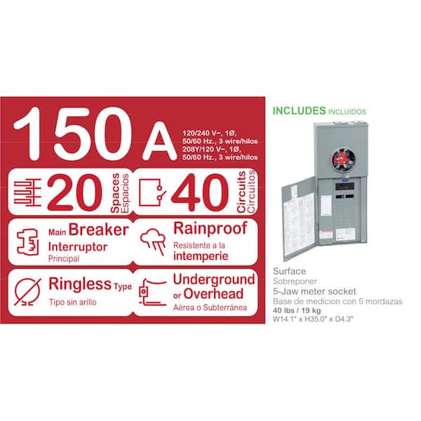 Homeline 150 Amp 20-Space 40-Circuit Outdoor Ringless-Horn Overhead/Underground Main Breaker CSED
