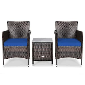 3-Piece Wicker Patio Conversation Set with Navy Blue Cushions and Small Coffee Table