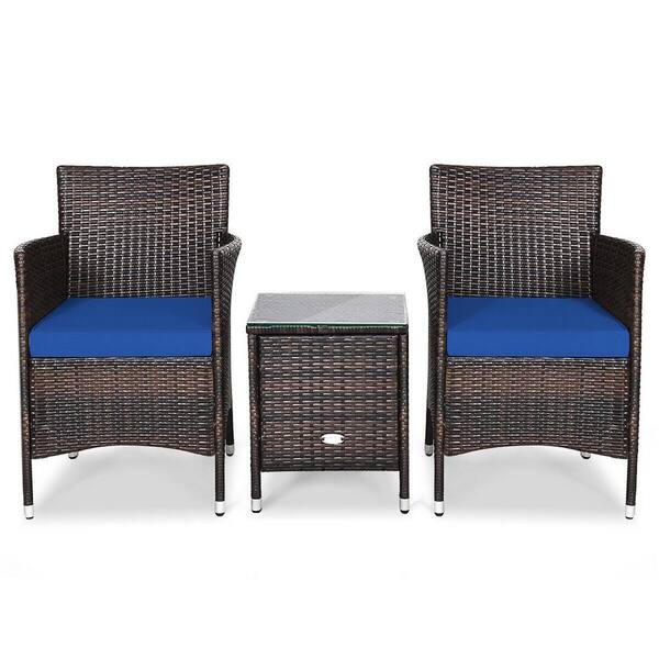 FORCLOVER 3-Piece Wicker Patio Conversation Set with Navy Blue Cushions and Small Coffee Table