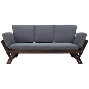 Patio Adjustable Brown Wooden Daybed Sofa Outdoor Chaise Lounge with Gray Cushions for Small Places