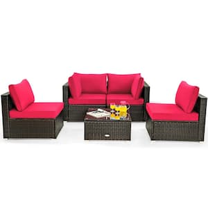 5-Piece Wicker Patio Conversation Set with Red Cushions
